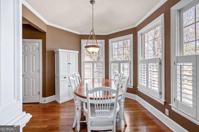 dining space featuring dark hardwood / wood-style flooring, crown molding, and plenty of natural light