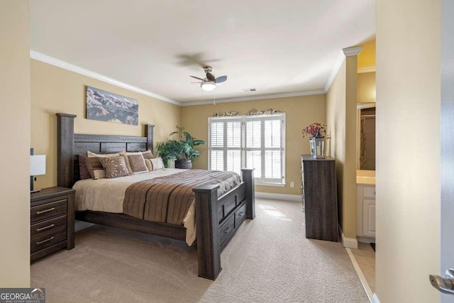 carpeted bedroom with crown molding and ceiling fan