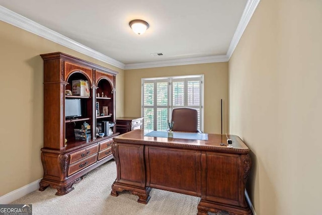 office with ornamental molding and carpet