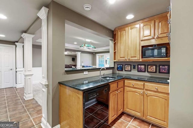 kitchen with ornate columns, sink, dark stone countertops, tile patterned flooring, and black appliances