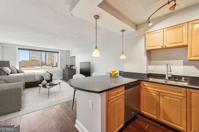 kitchen featuring a peninsula, a sink, open floor plan, dishwasher, and dark countertops