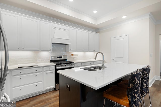 kitchen with sink, stainless steel appliances, white cabinets, a center island with sink, and custom exhaust hood