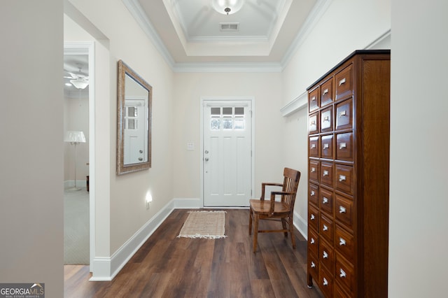 foyer featuring crown molding, dark hardwood / wood-style floors, and a raised ceiling