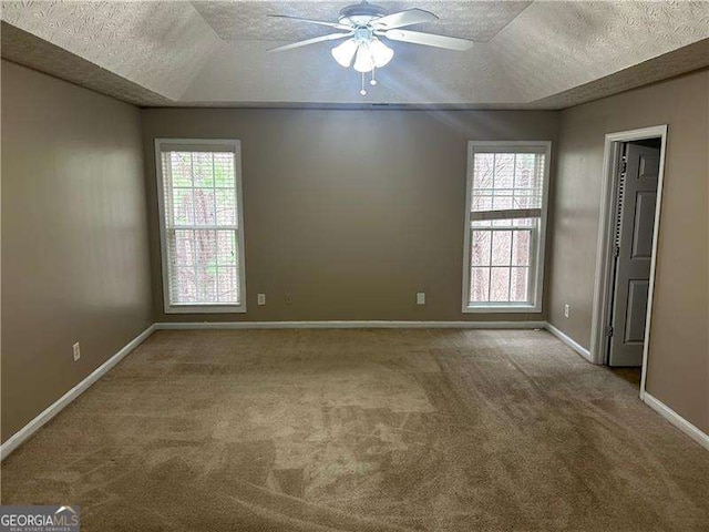 carpeted empty room featuring lofted ceiling, a wealth of natural light, and a textured ceiling