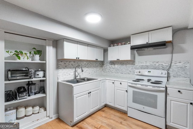 kitchen with electric stove, white cabinetry, sink, and light wood-type flooring