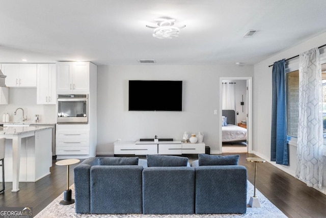 living room featuring dark hardwood / wood-style floors and sink