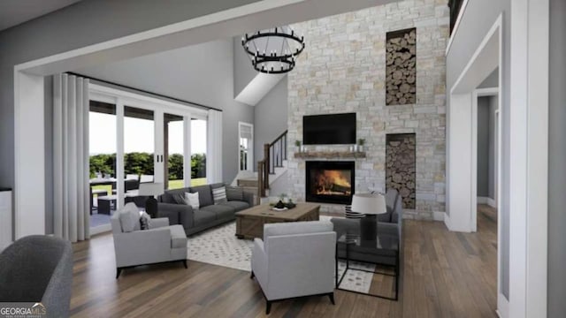 living room with french doors, a stone fireplace, a chandelier, high vaulted ceiling, and dark hardwood / wood-style flooring