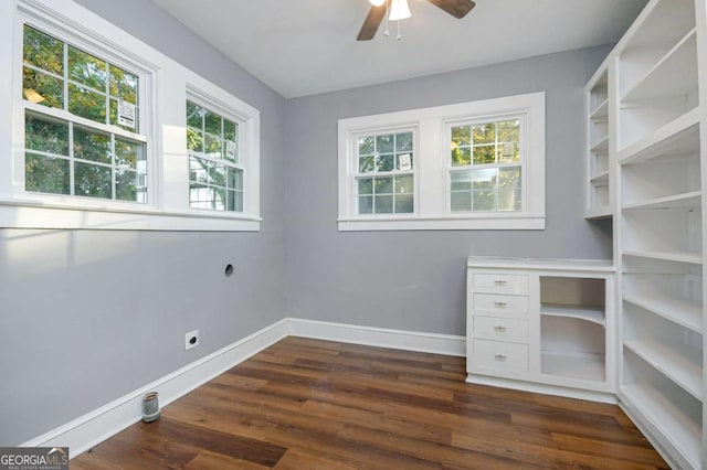 unfurnished office featuring a wealth of natural light, dark wood-type flooring, and ceiling fan