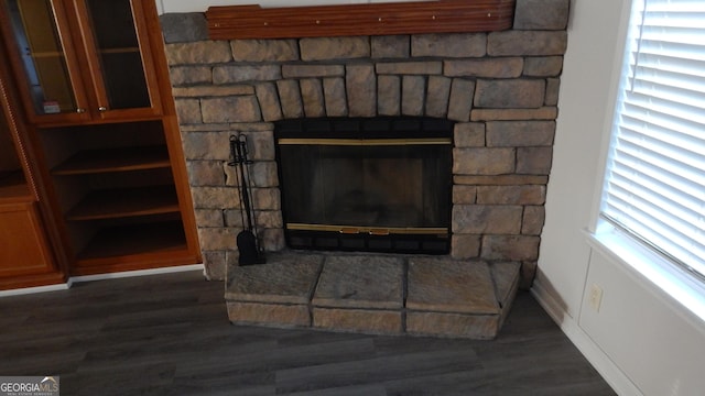 room details with hardwood / wood-style flooring and a fireplace