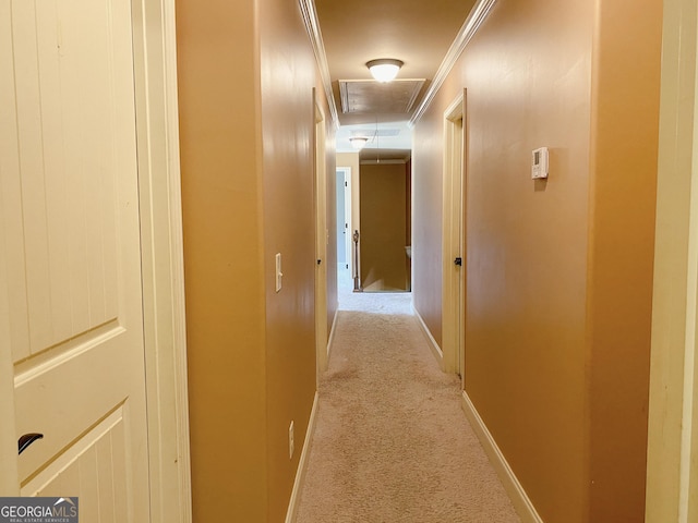 hall with crown molding and light colored carpet