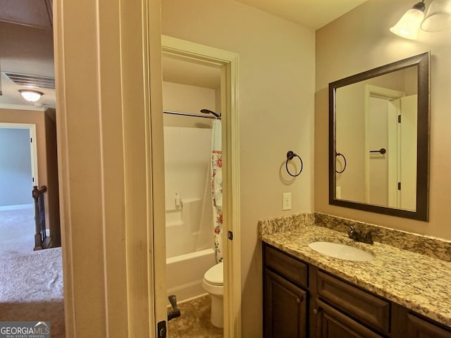 full bathroom featuring vanity, shower / bath combination with curtain, tile patterned floors, and toilet