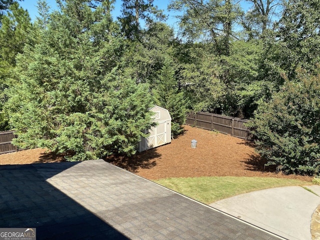 view of yard featuring a patio area and a storage shed