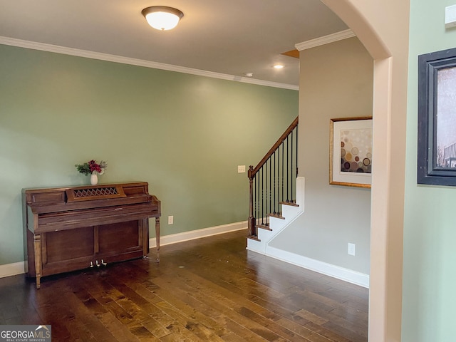 foyer featuring crown molding and dark hardwood / wood-style flooring