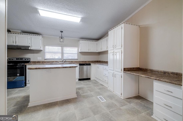 kitchen featuring range with electric stovetop, crown molding, stainless steel dishwasher, and white cabinets