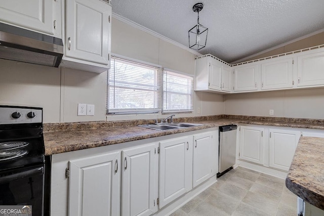 kitchen featuring dishwasher, white cabinetry, electric range oven, and pendant lighting