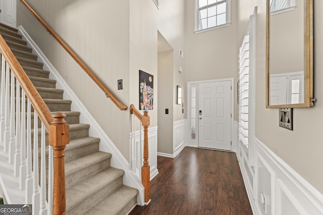 foyer with a towering ceiling and dark hardwood / wood-style flooring