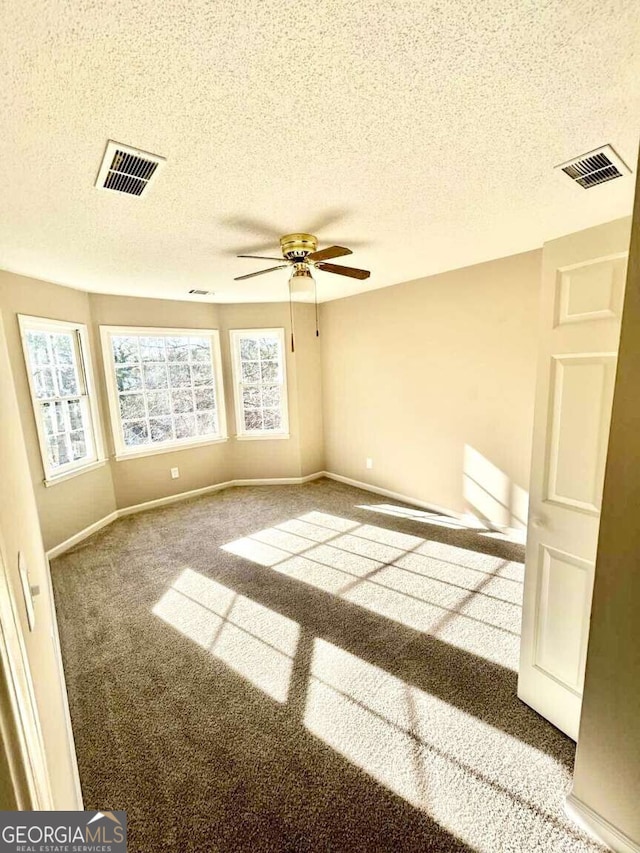 carpeted empty room with ceiling fan, a wealth of natural light, and a textured ceiling