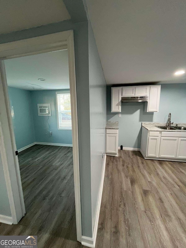 kitchen with white cabinetry, wood-type flooring, and sink