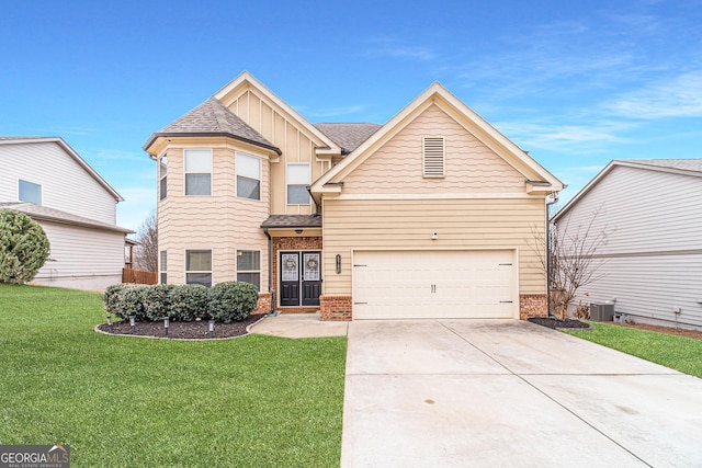 view of front of property with a garage, a front lawn, and central air condition unit