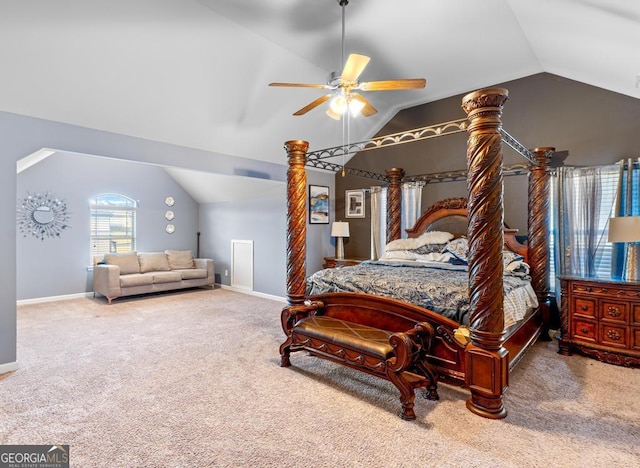 carpeted bedroom with ceiling fan and lofted ceiling