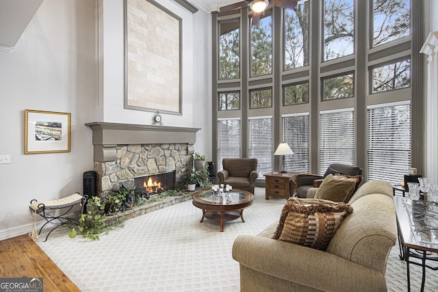 living room with hardwood / wood-style floors, a towering ceiling, and a fireplace