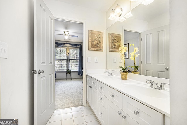 bathroom featuring vanity, tile patterned floors, and ceiling fan