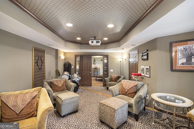 cinema room featuring crown molding and a raised ceiling