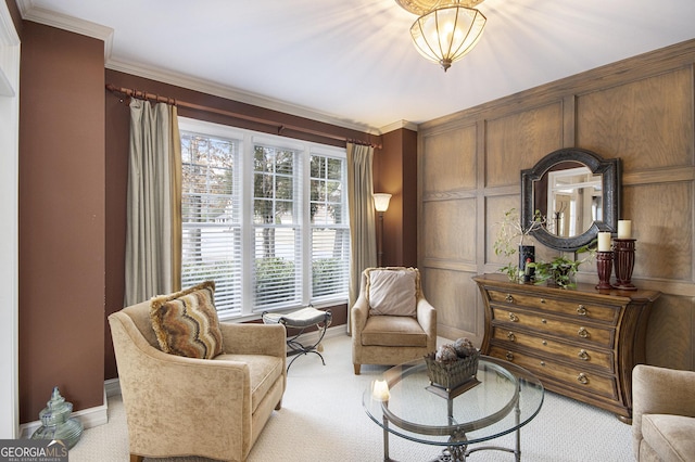 living area featuring crown molding and light colored carpet