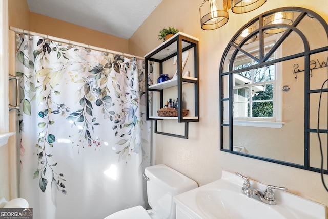 bathroom featuring vanity, curtained shower, and toilet