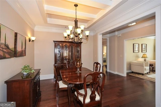 dining space featuring an inviting chandelier, a tray ceiling, dark wood-type flooring, and ornamental molding