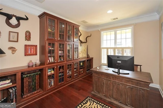 office featuring ornamental molding and dark wood-type flooring