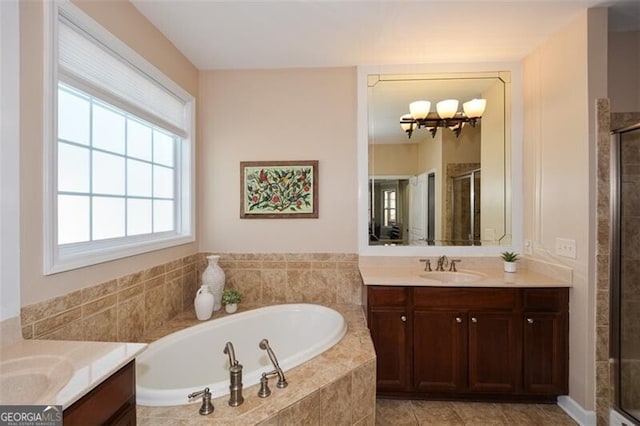 bathroom with vanity and plus walk in shower