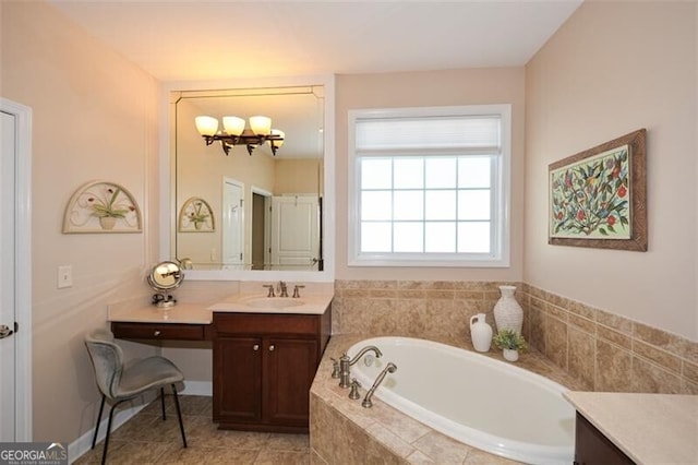 bathroom featuring vanity and tiled tub