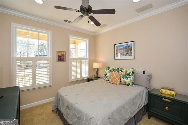 bedroom with light carpet, multiple windows, and ornamental molding