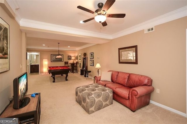 rec room with crown molding, light carpet, ceiling fan, and pool table