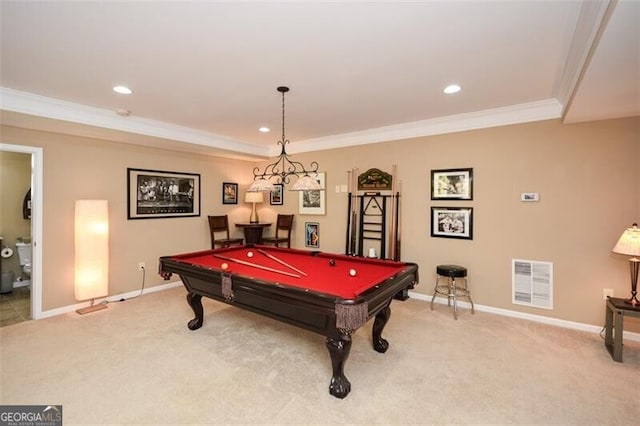 rec room featuring crown molding, carpet flooring, and pool table