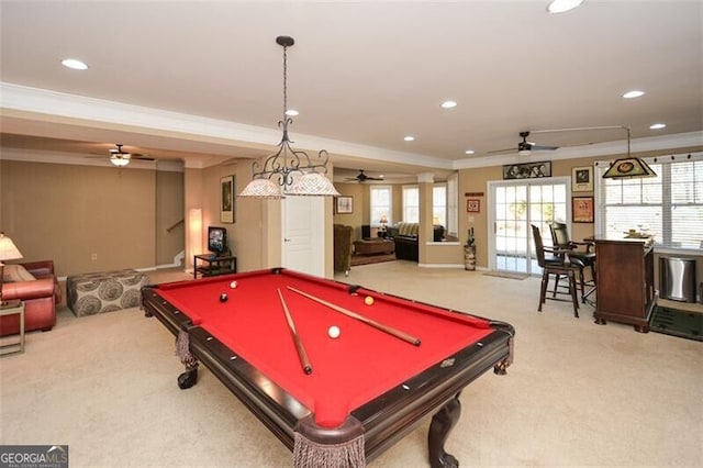 recreation room with crown molding, light colored carpet, pool table, and ceiling fan