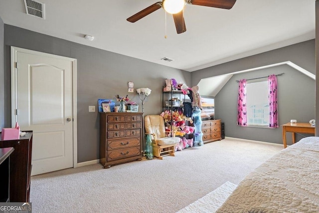 bedroom with light colored carpet and ceiling fan