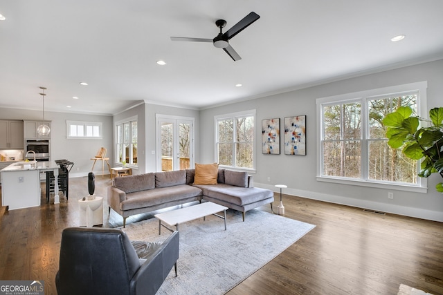 living room with sink, ornamental molding, dark hardwood / wood-style floors, and ceiling fan