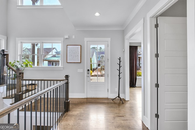 entryway featuring ornamental molding and dark hardwood / wood-style floors