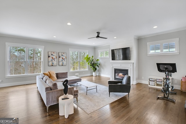 living room featuring crown molding, hardwood / wood-style flooring, and ceiling fan