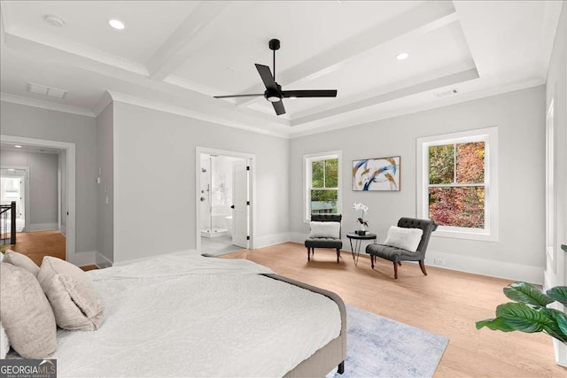 bedroom with connected bathroom, beamed ceiling, ceiling fan, crown molding, and light wood-type flooring