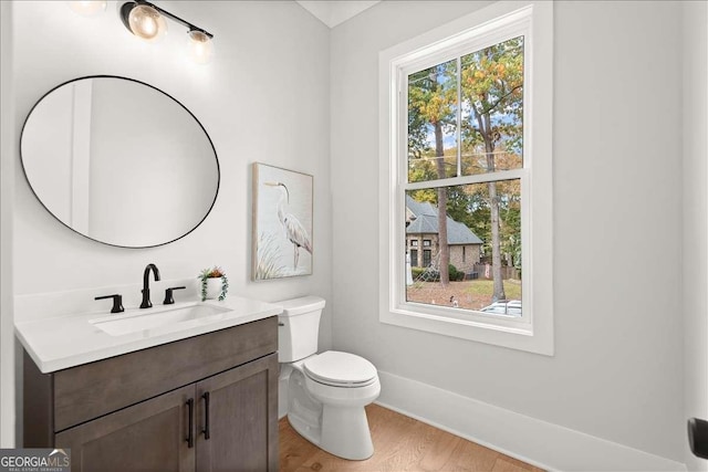 bathroom featuring vanity, wood-type flooring, and toilet