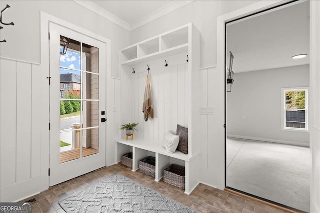 mudroom featuring ornamental molding and a healthy amount of sunlight