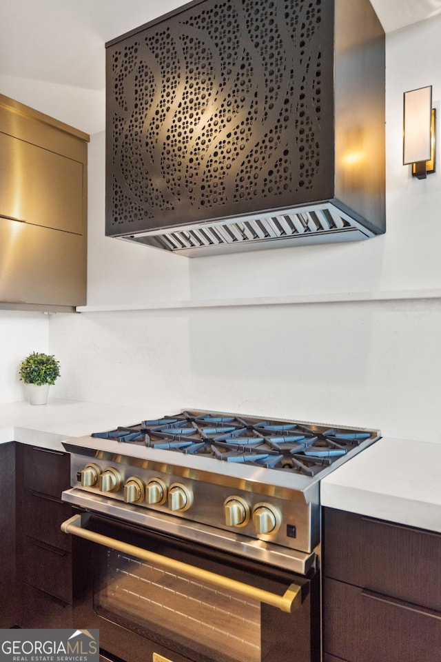 kitchen featuring stainless steel gas range oven and wall chimney exhaust hood