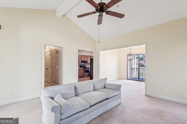 carpeted living room featuring beamed ceiling, high vaulted ceiling, and ceiling fan