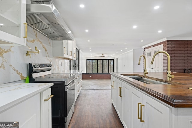 kitchen featuring ventilation hood, sink, white cabinets, and stainless steel range with electric cooktop