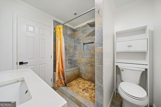 bathroom featuring crown molding, toilet, vanity, and walk in shower