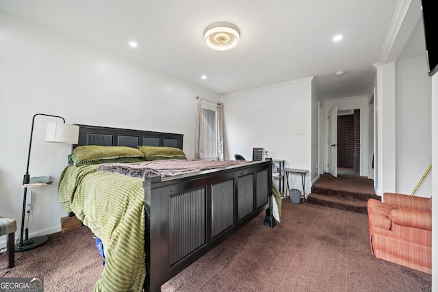 carpeted bedroom with ornamental molding