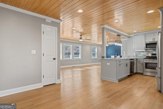 kitchen with appliances with stainless steel finishes, decorative backsplash, hanging light fixtures, ornamental molding, and kitchen peninsula